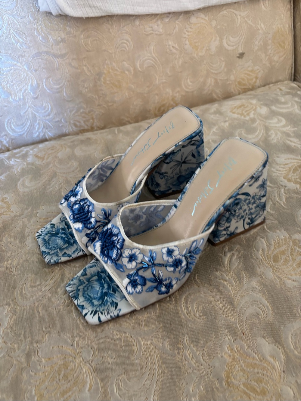 Blue Floral Block Heel Mules - Betsy Johnson